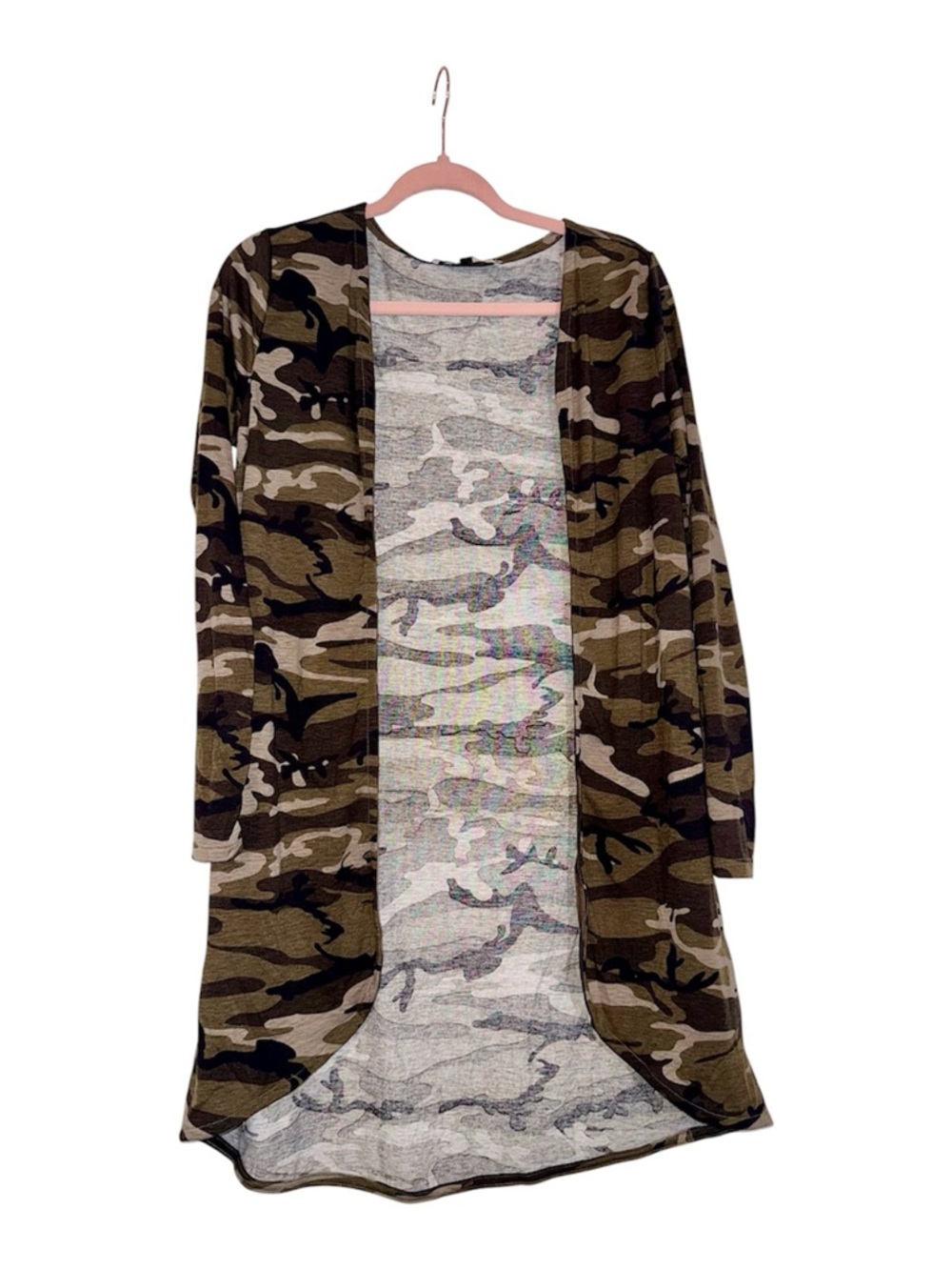 Camo Open-Front Long Cardigan - Olive Camo, SMALL, new without tags. 🏷️